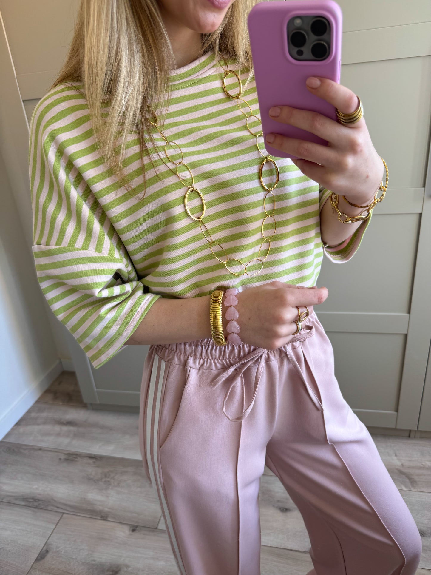 Oversized T-shirt | Stripes | Matcha lichtroze