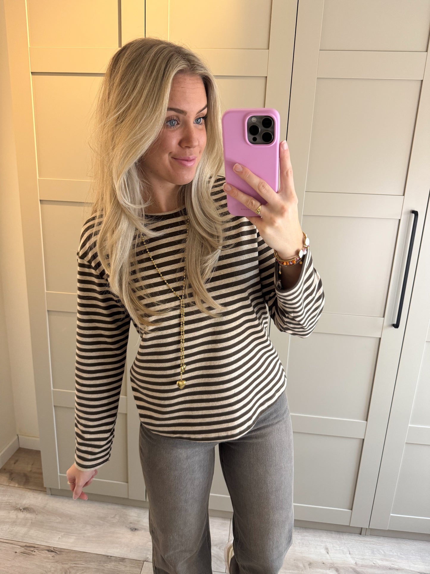 Fitted longsleeve | Stripes | Beige bruin