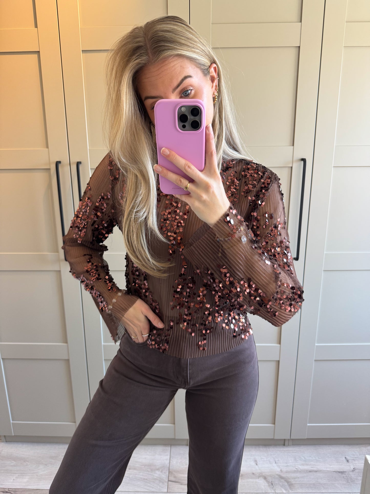 Mesh top | Glitter | Donkerbruin