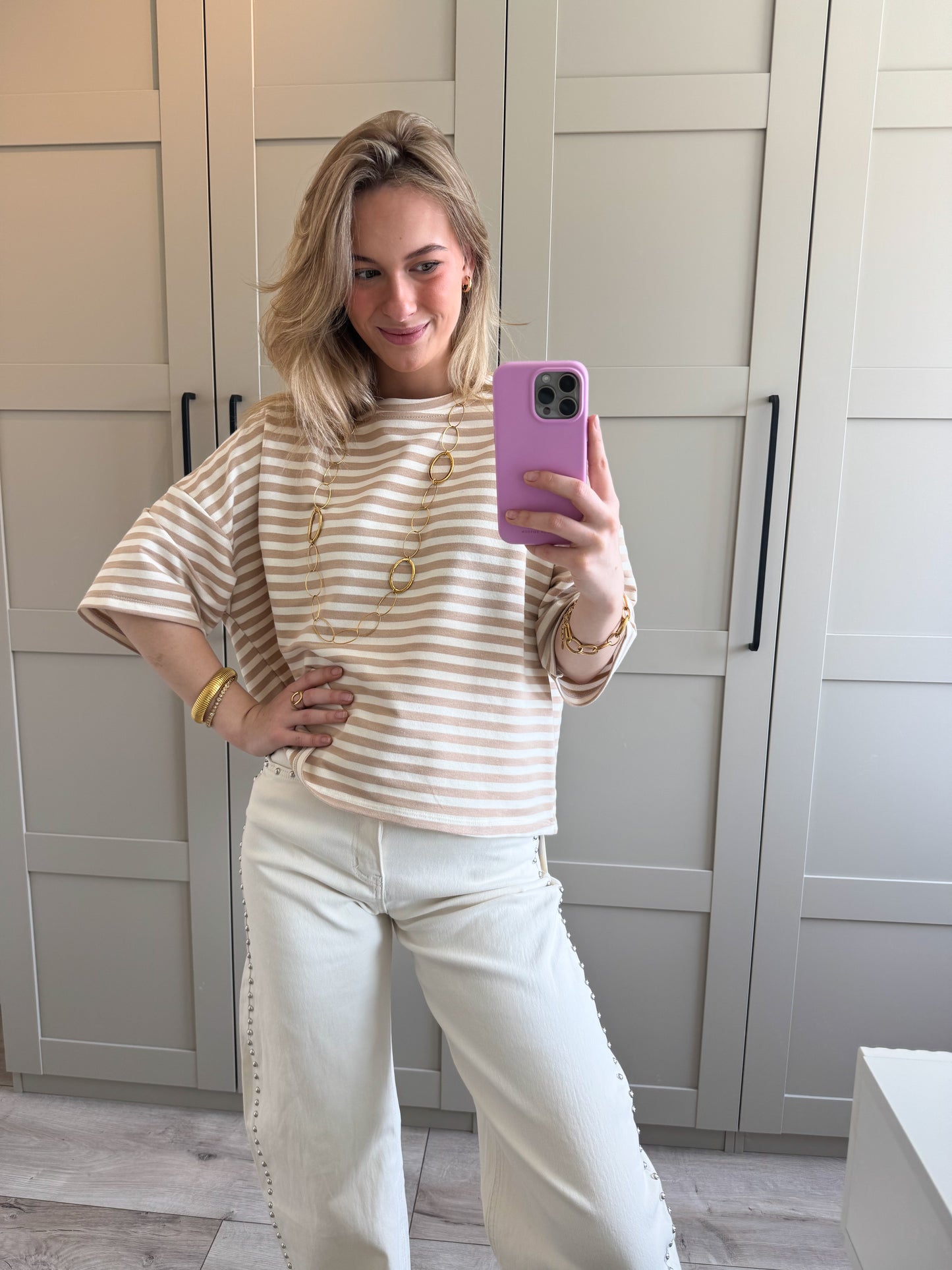 Oversized T-shirt | Stripes | Beige ecru