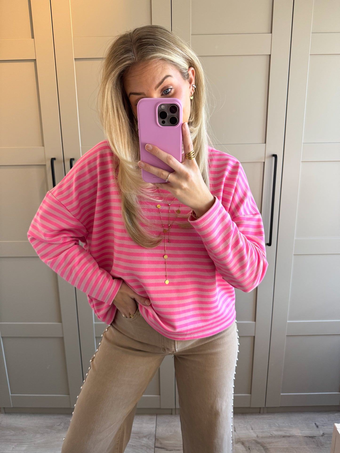 Oversized longsleeve | Stripes | Fel roze licht roze