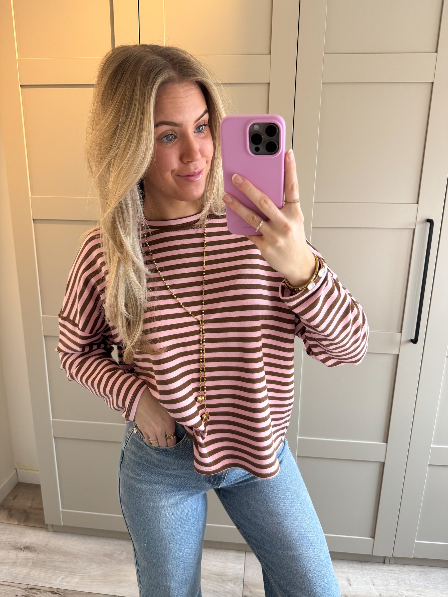 Oversized longsleeve | Stripes | Licht roze camel