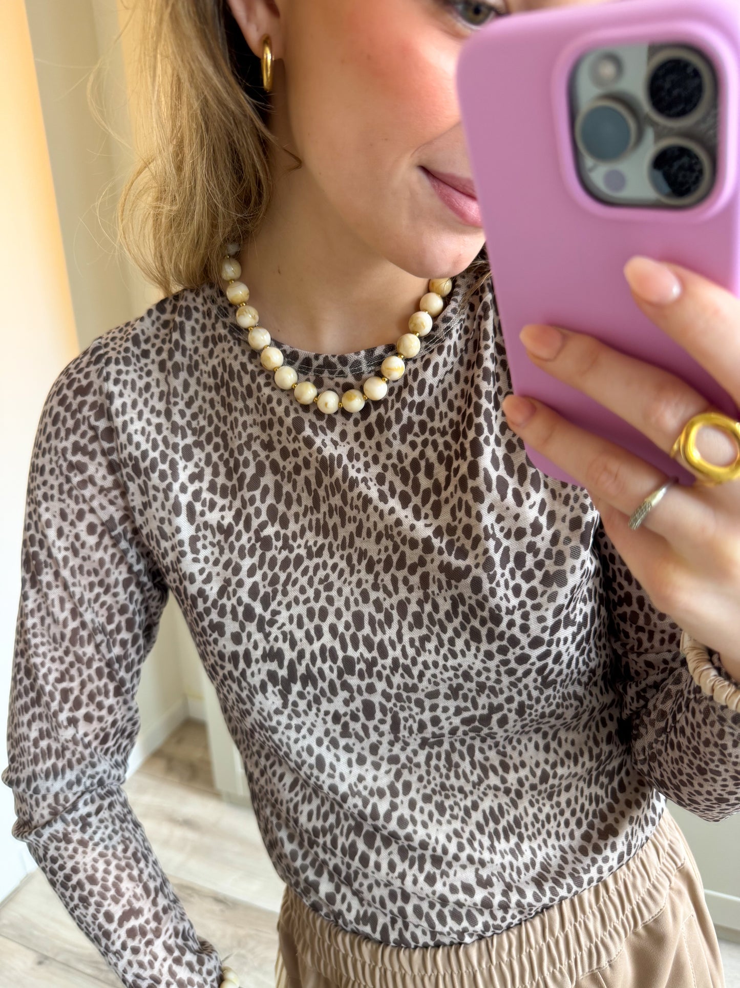 Ketting | Kralen rond | Beige goud