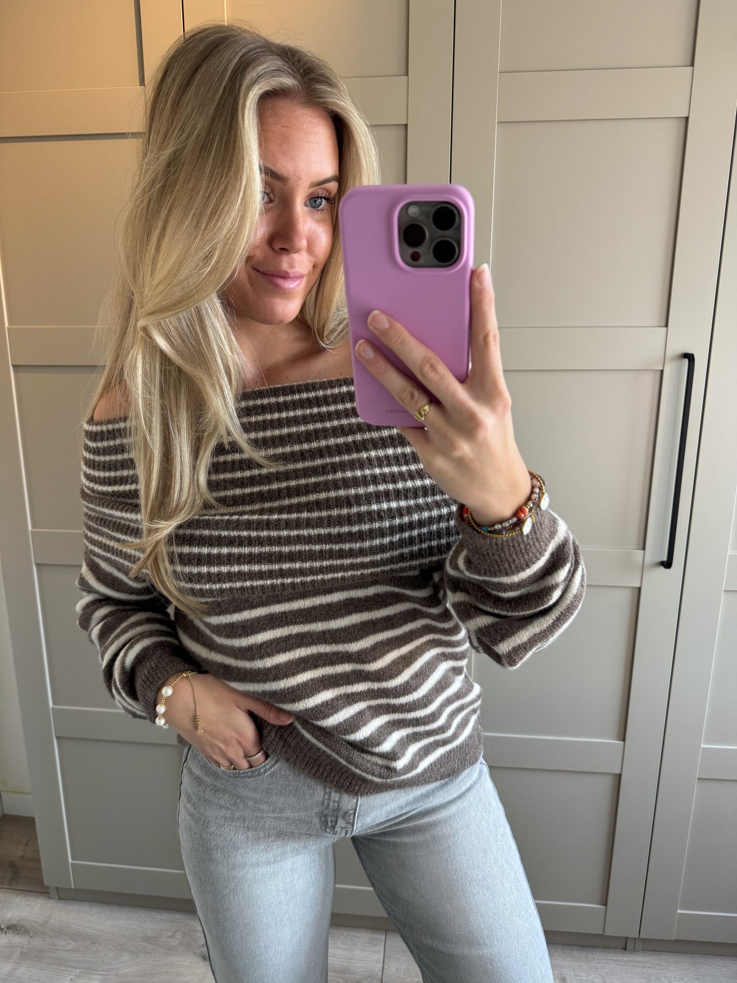 Off shoulder trui | Dena | Taupe ecru