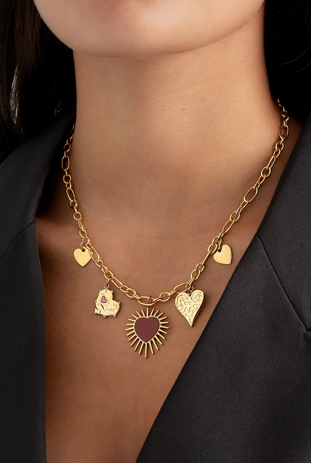 Ketting | Endless hearts | Goud Burgundy