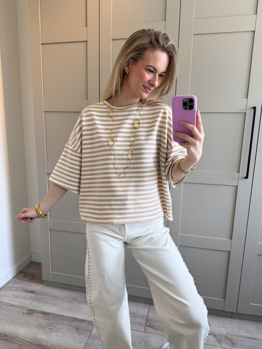 Oversized T-shirt | Stripes | Beige ecru