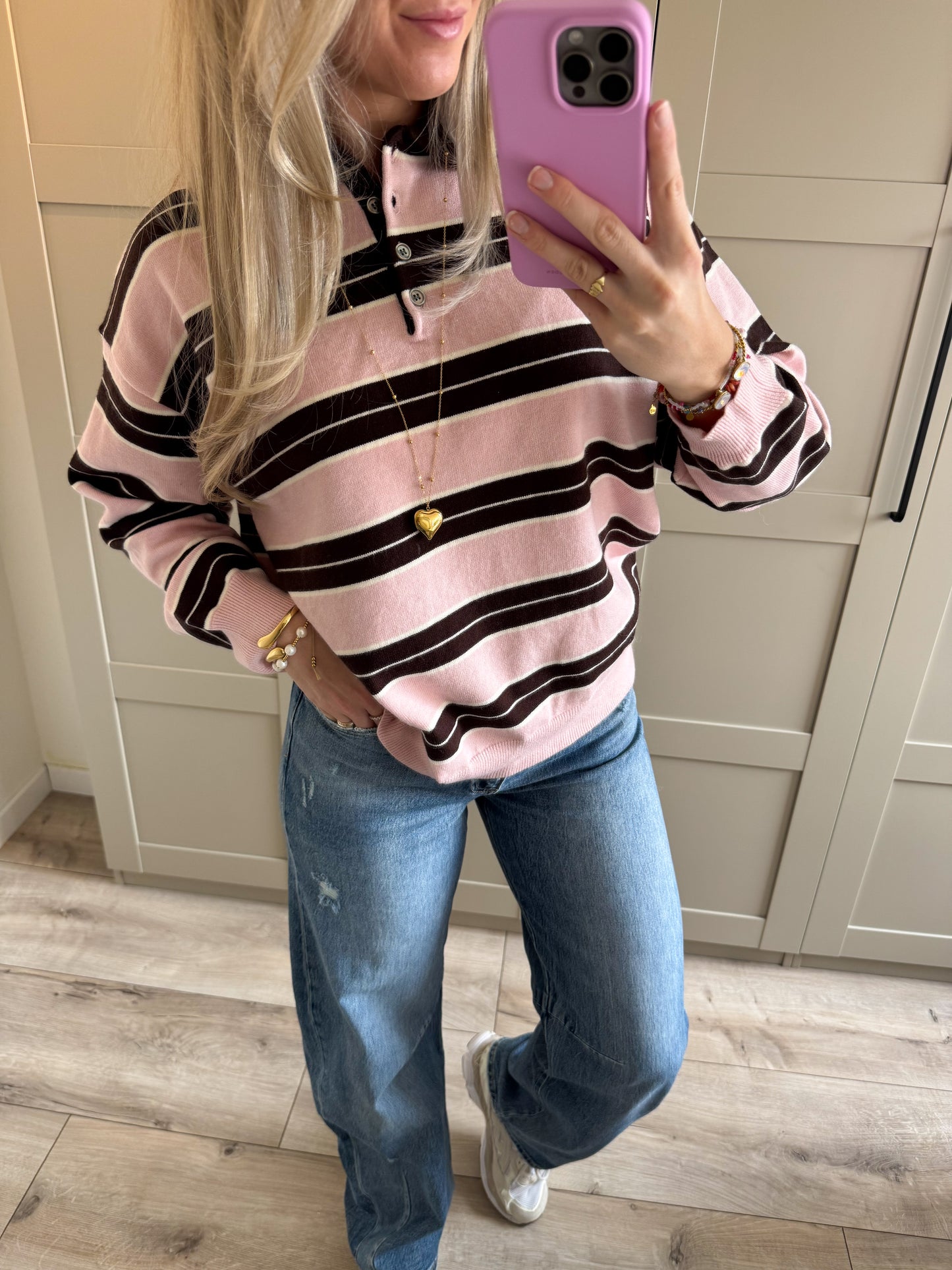 Polo trui | Jeline | Roze bruin wit streep