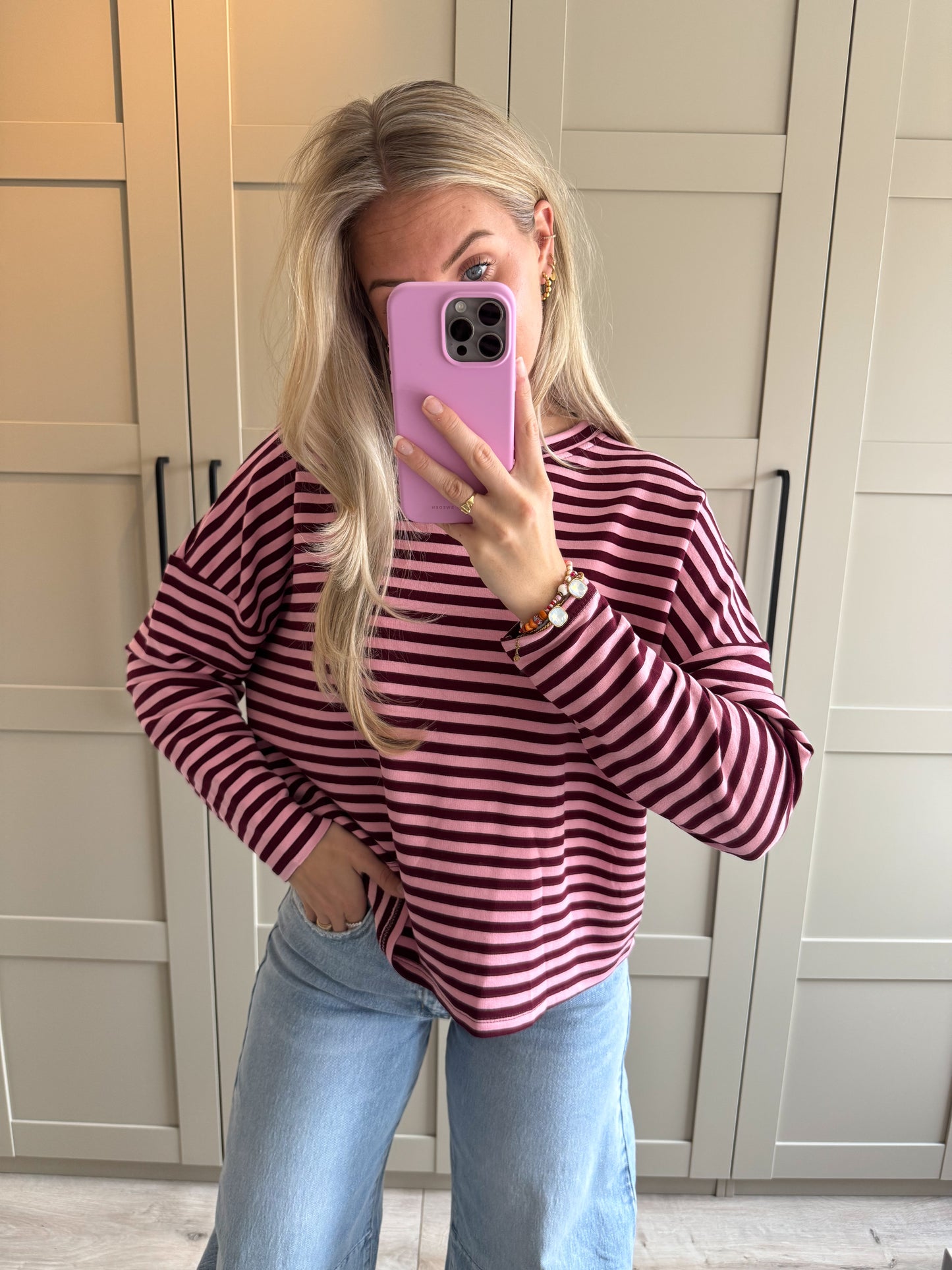 Oversized longsleeve | Stripes | Bordeaux Roze