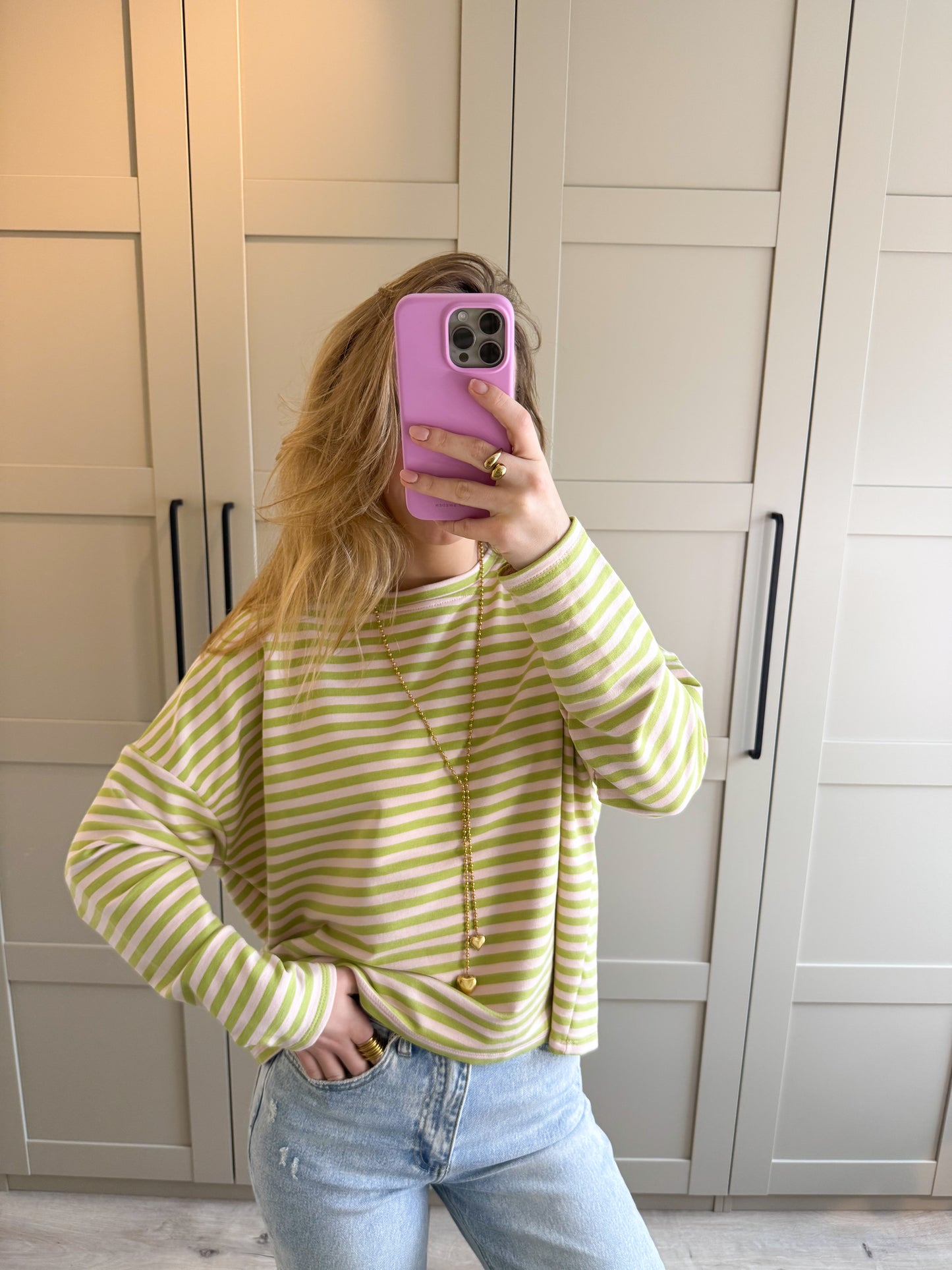 Oversized longsleeve | Stripes | Matcha lichtroze