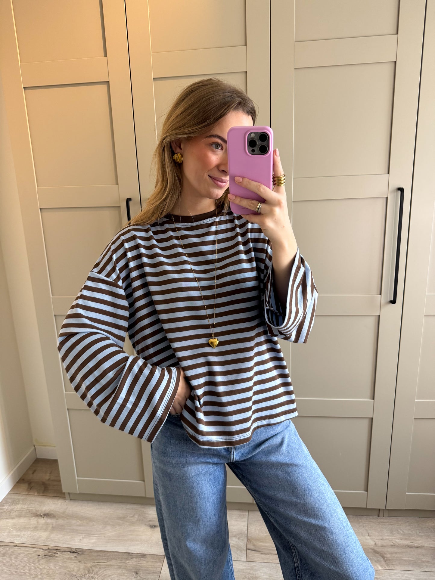 Oversized longsleeve | Stripes wide sleeve | Bruin blauw