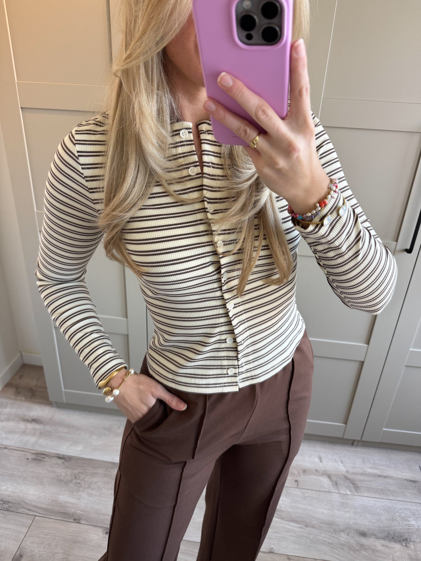 Top | Eline | Ecru bruin streep