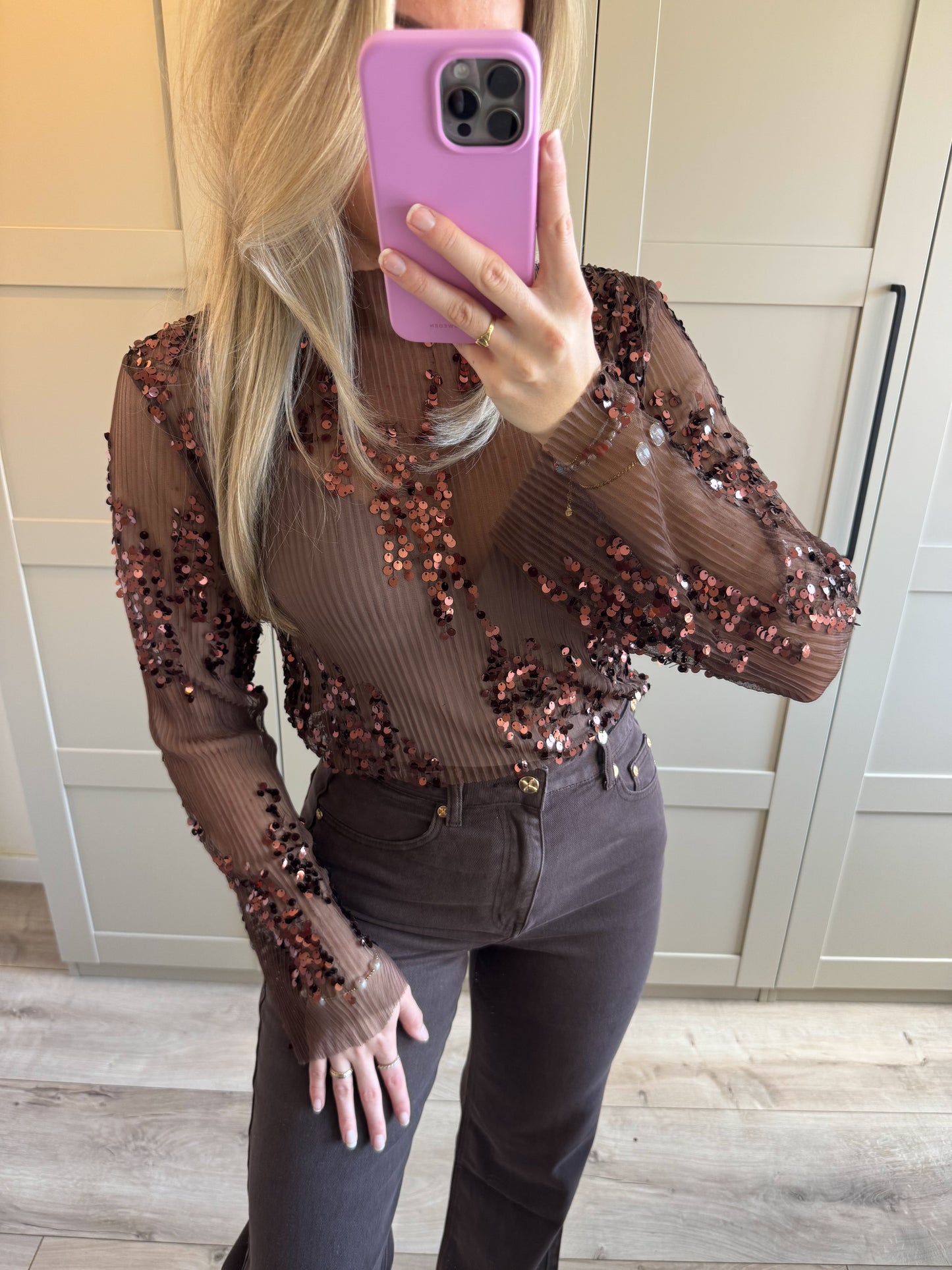 Mesh top | Glitter | Donkerbruin