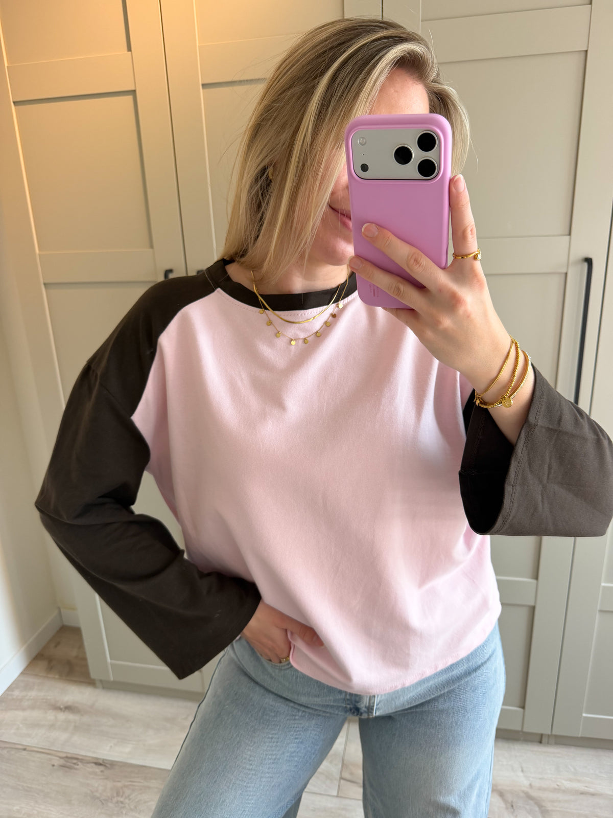 Baseball longsleeve | Fay | Bruin licht roze