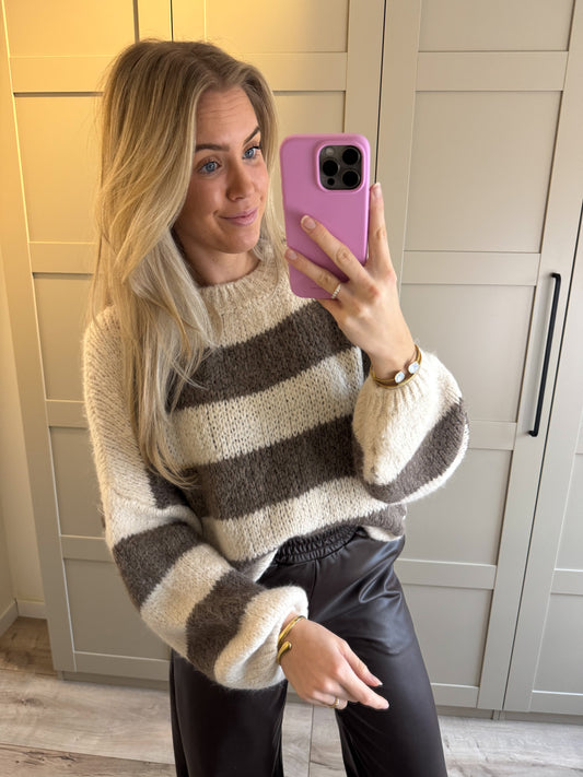 Trui | Gina | Ecru taupe gestreept