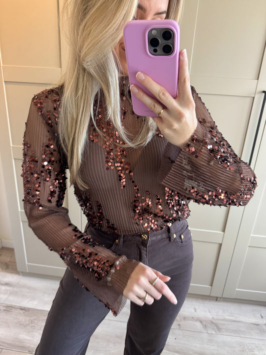 Mesh top | Glitter | Donkerbruin