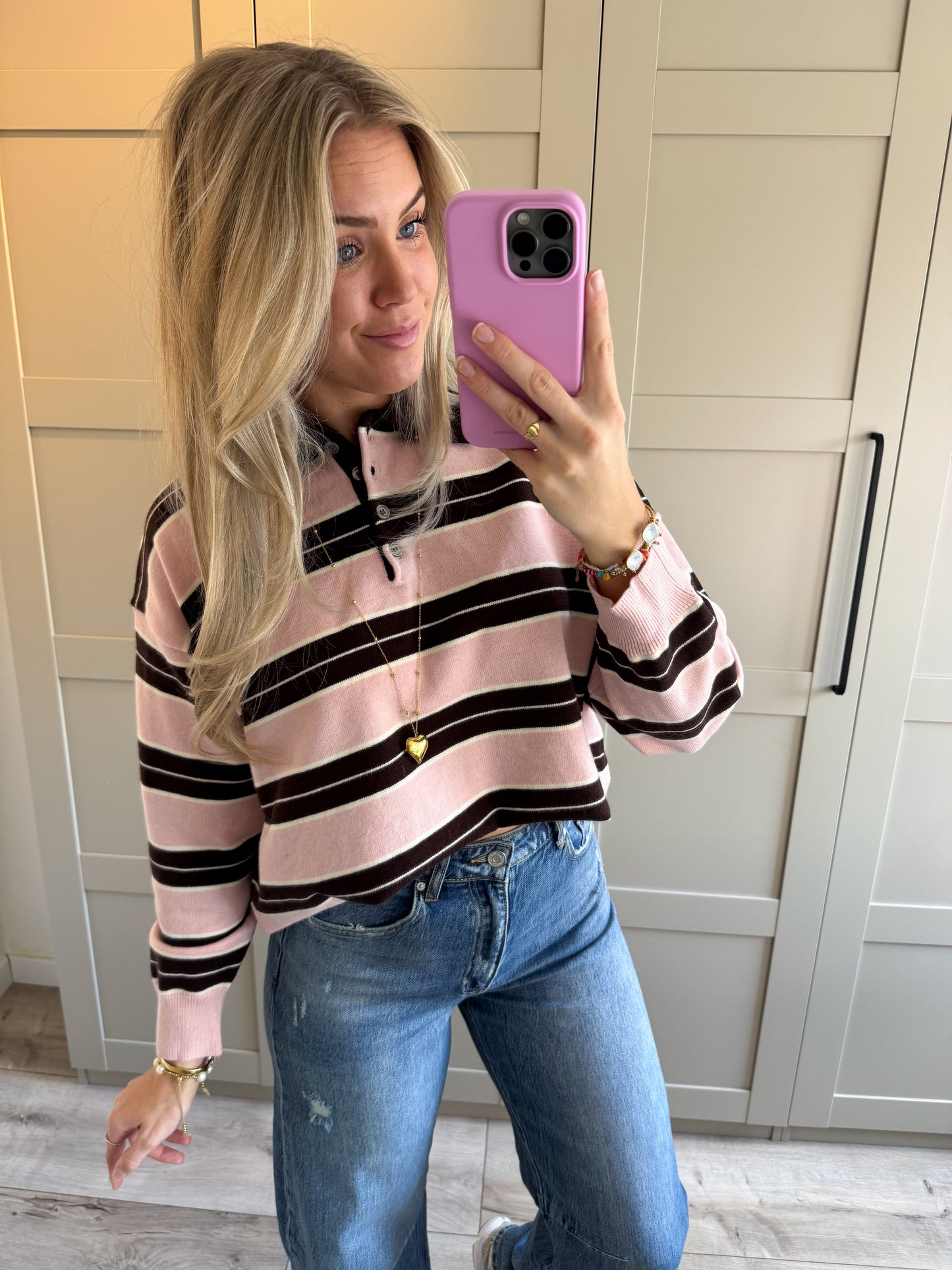 Polo trui | Jeline | Roze bruin wit streep