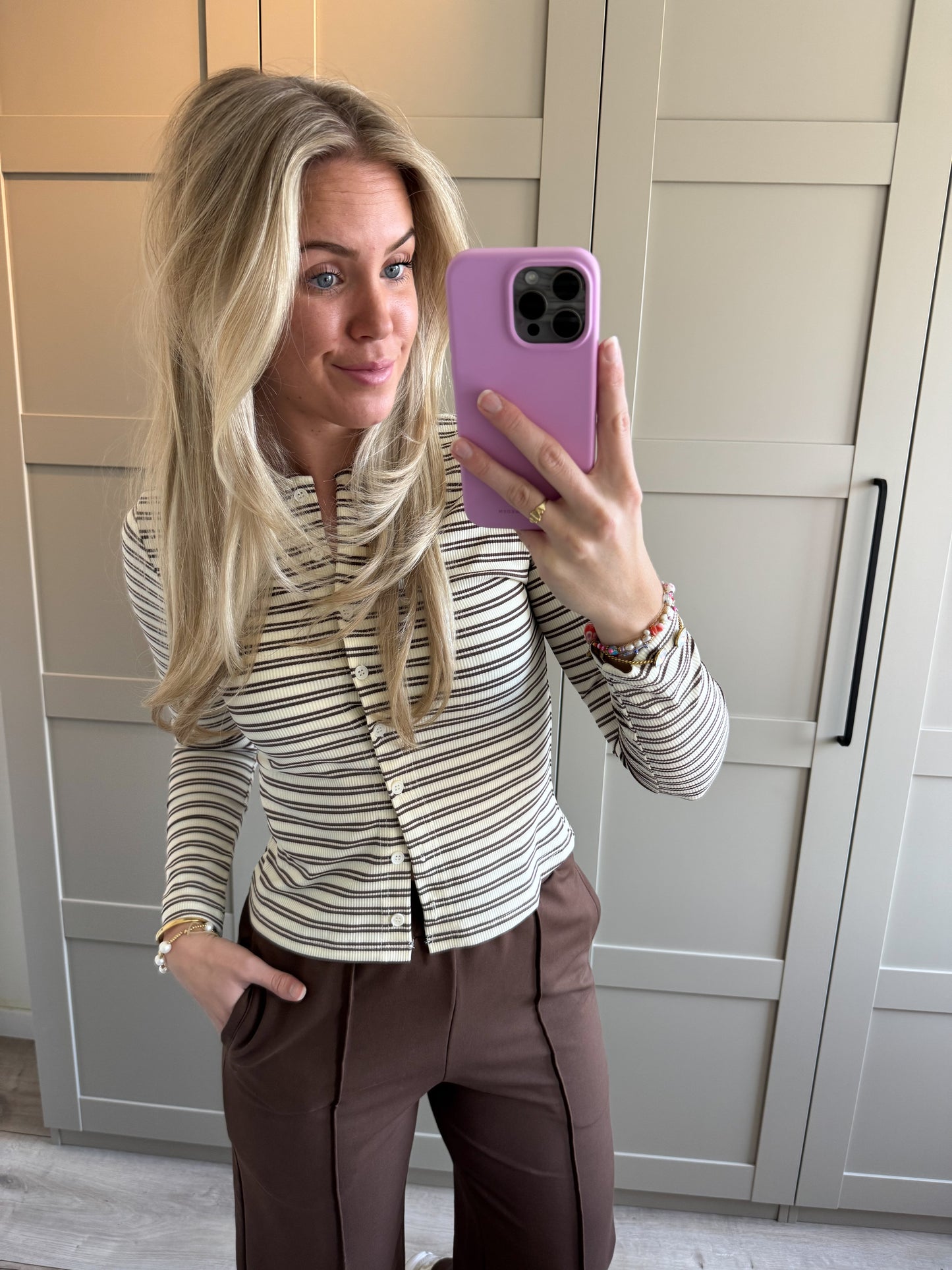 Top | Eline | Ecru bruin streep