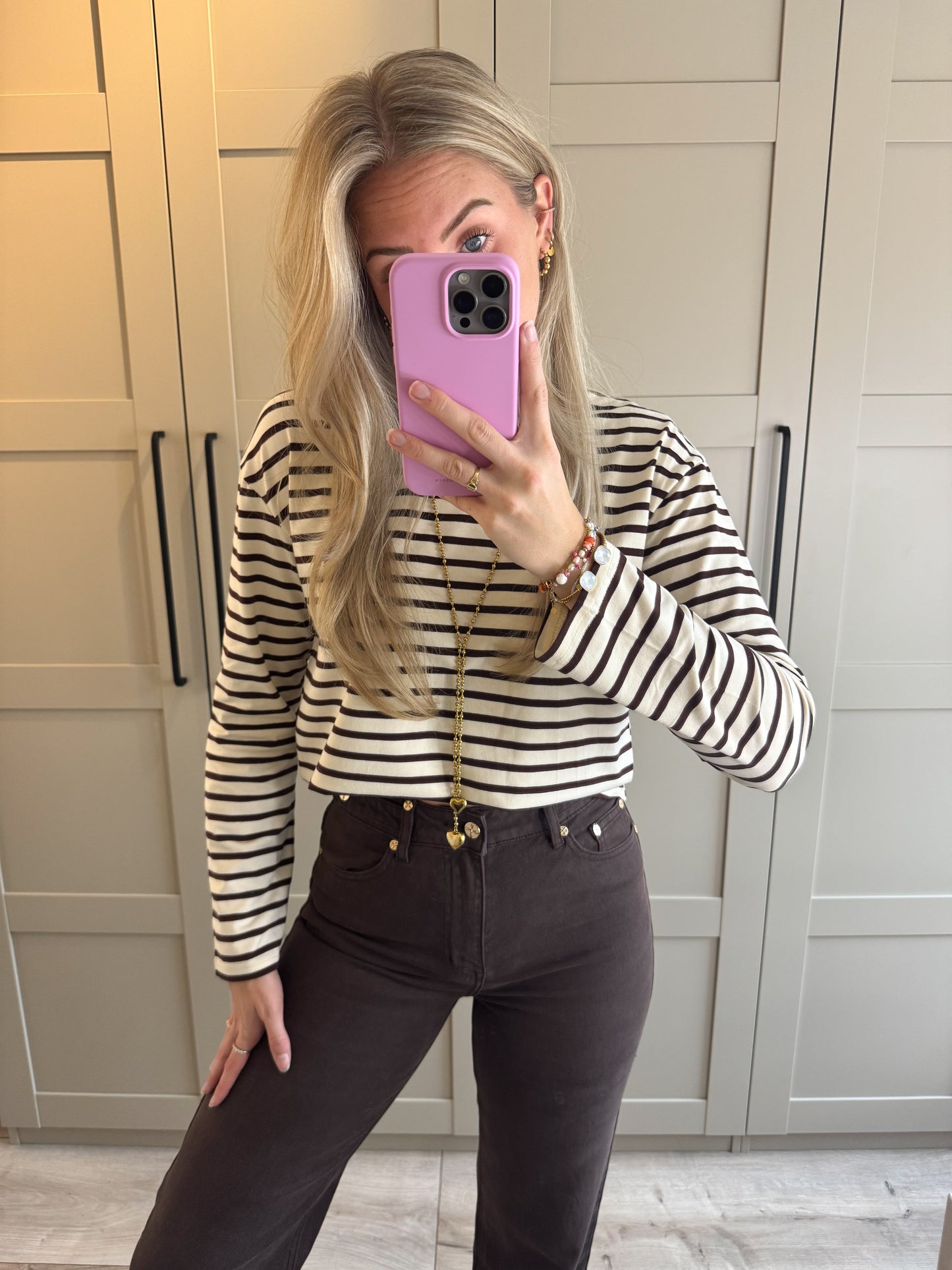 Fitted longsleeve | Stripes | Creme bruin