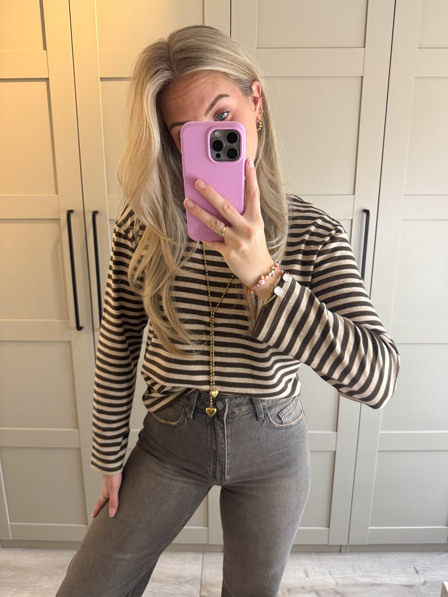 Fitted longsleeve | Stripes | Beige bruin