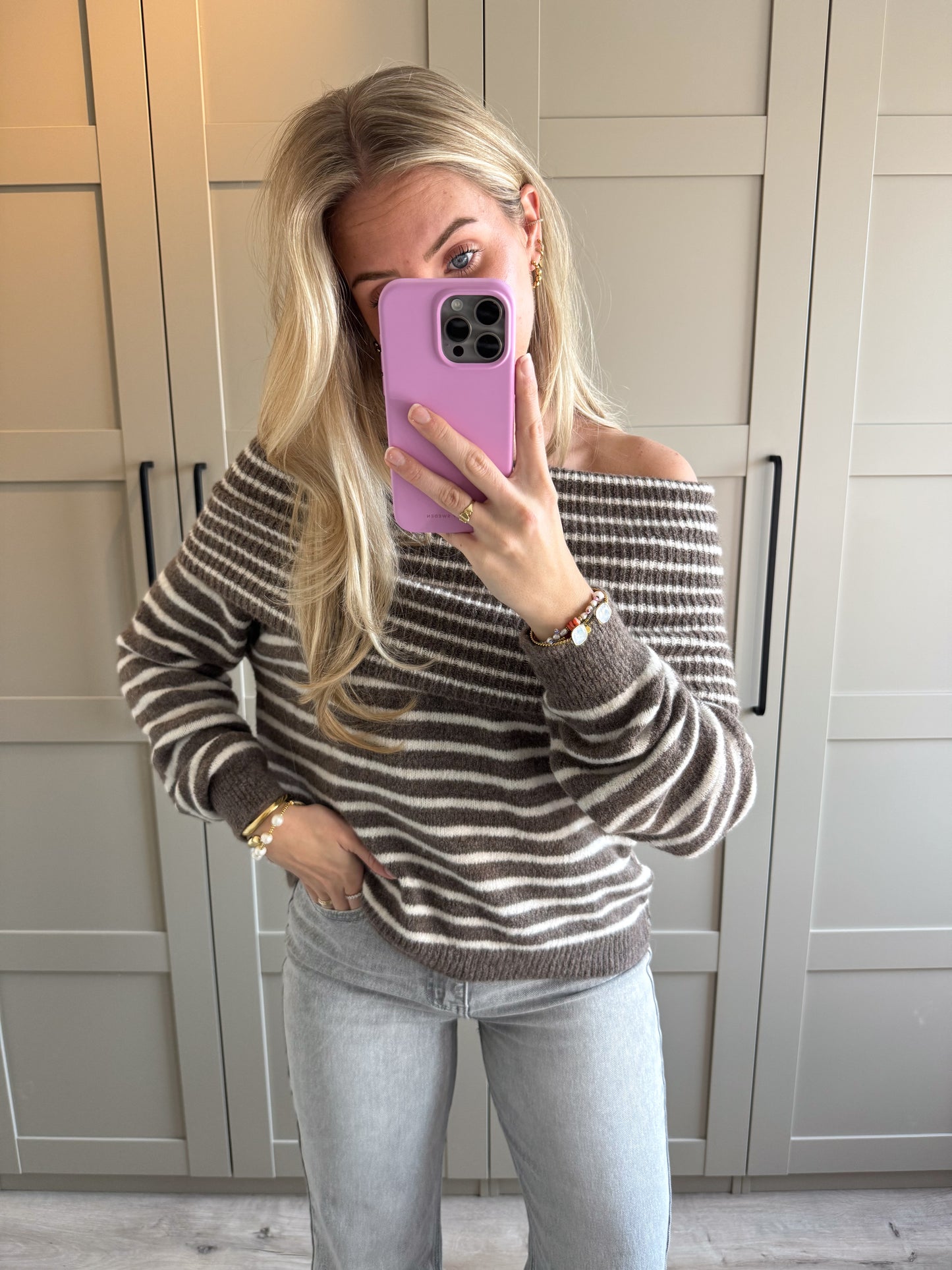 Off shoulder trui | Dena | Taupe ecru