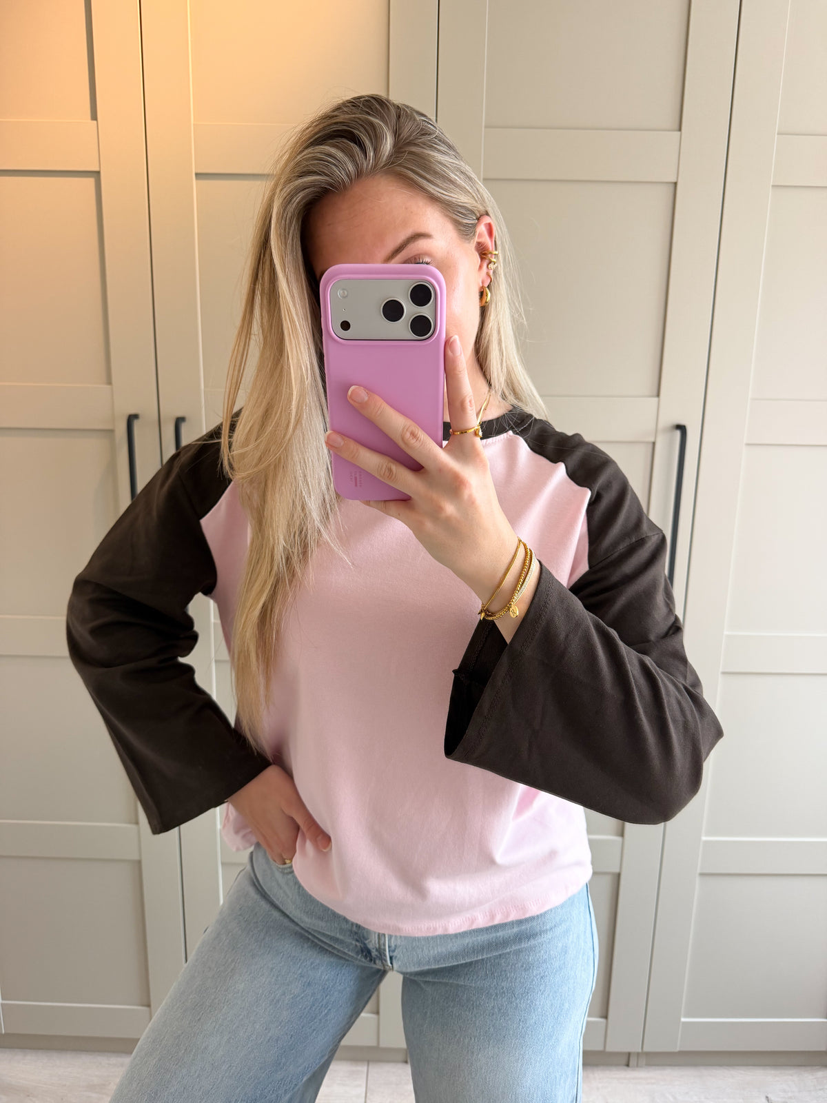 Baseball longsleeve | Fay | Bruin licht roze