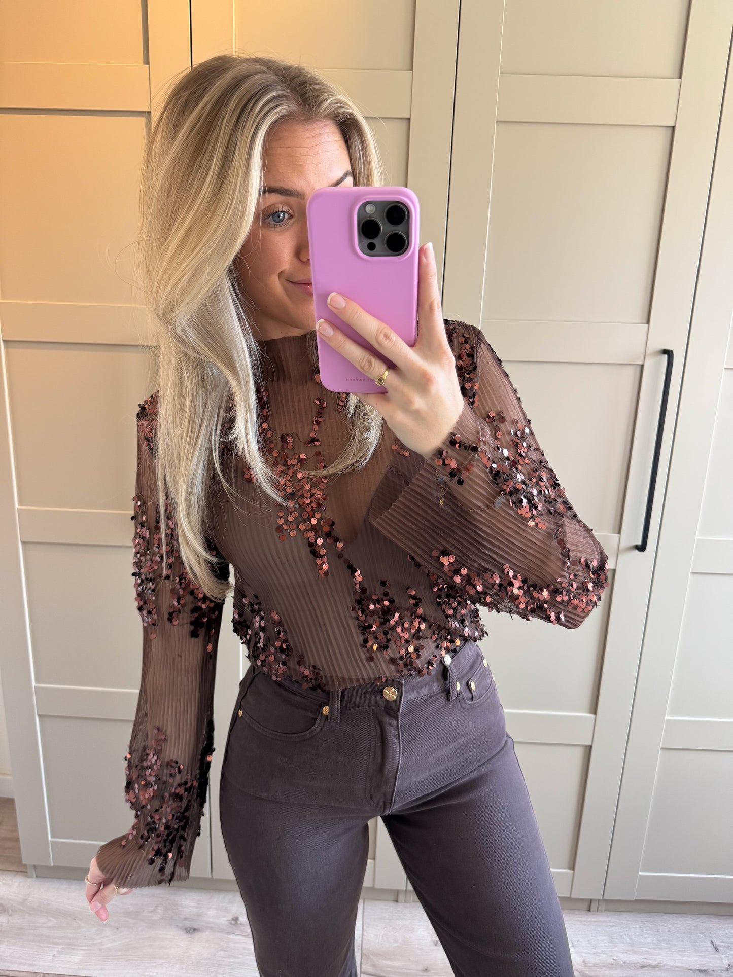 Mesh top | Glitter | Donkerbruin