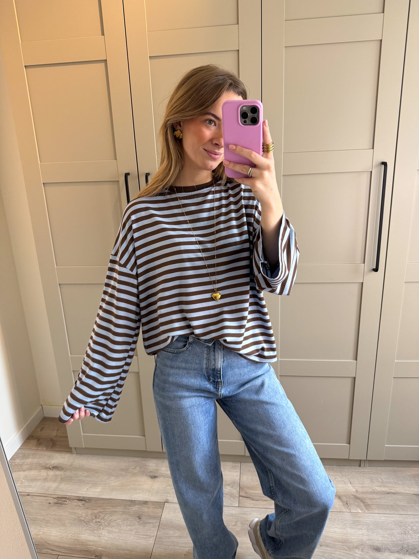 Oversized longsleeve | Stripes wide sleeve | Bruin blauw