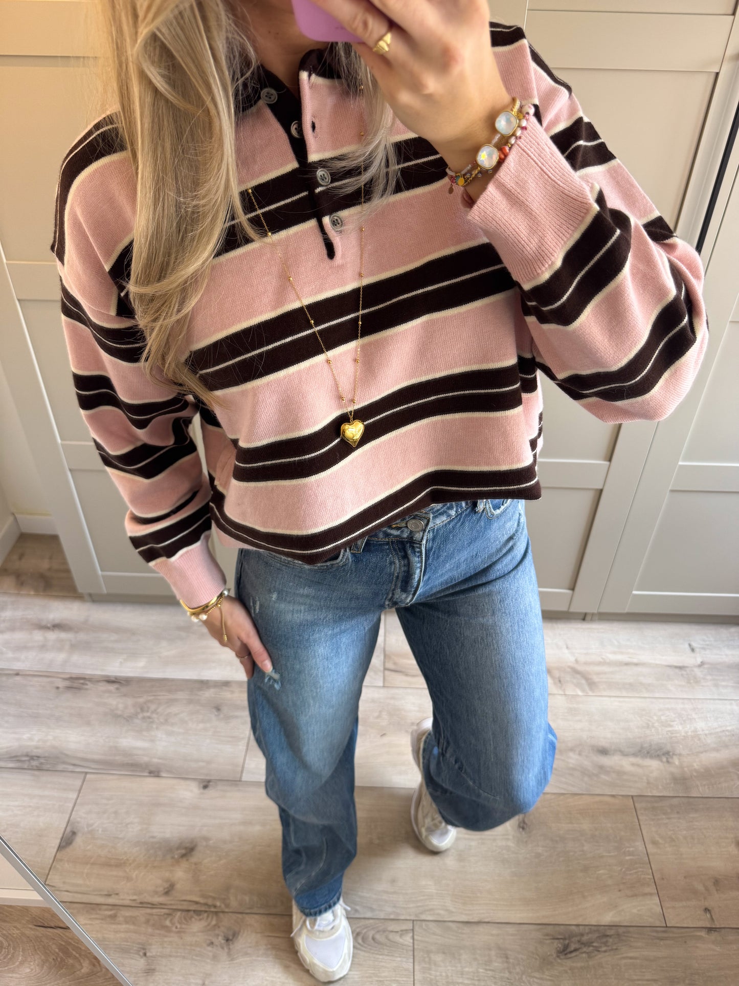 Polo trui | Jeline | Roze bruin wit streep