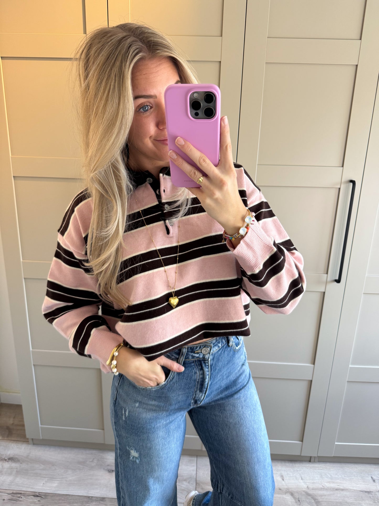 Polo trui | Jeline | Roze bruin wit streep