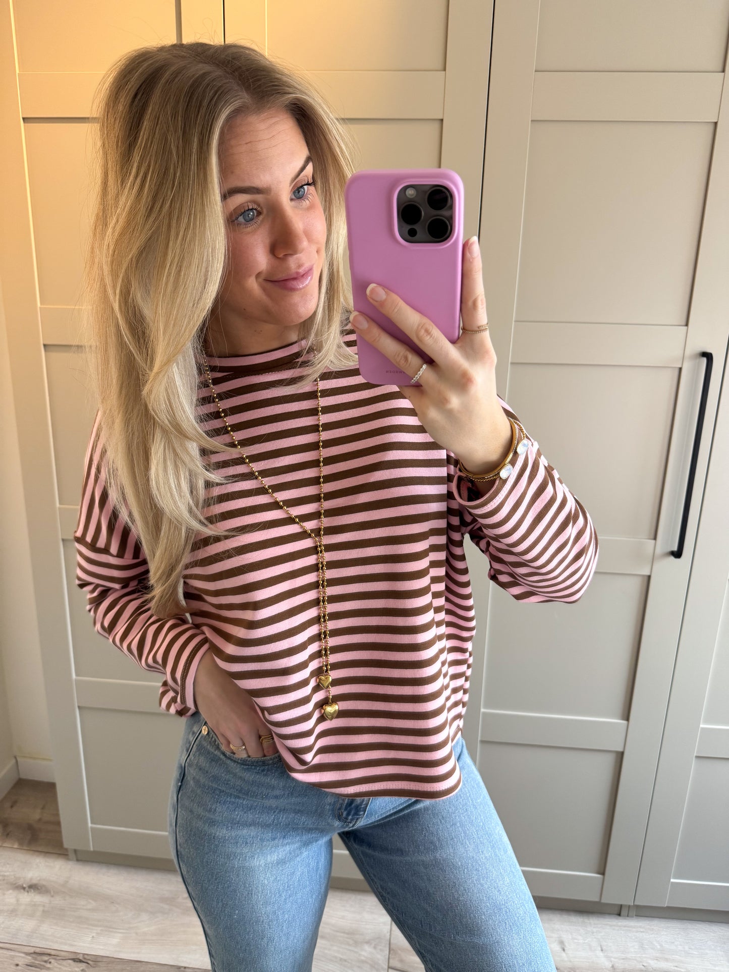 Oversized longsleeve | Stripes | Licht roze camel